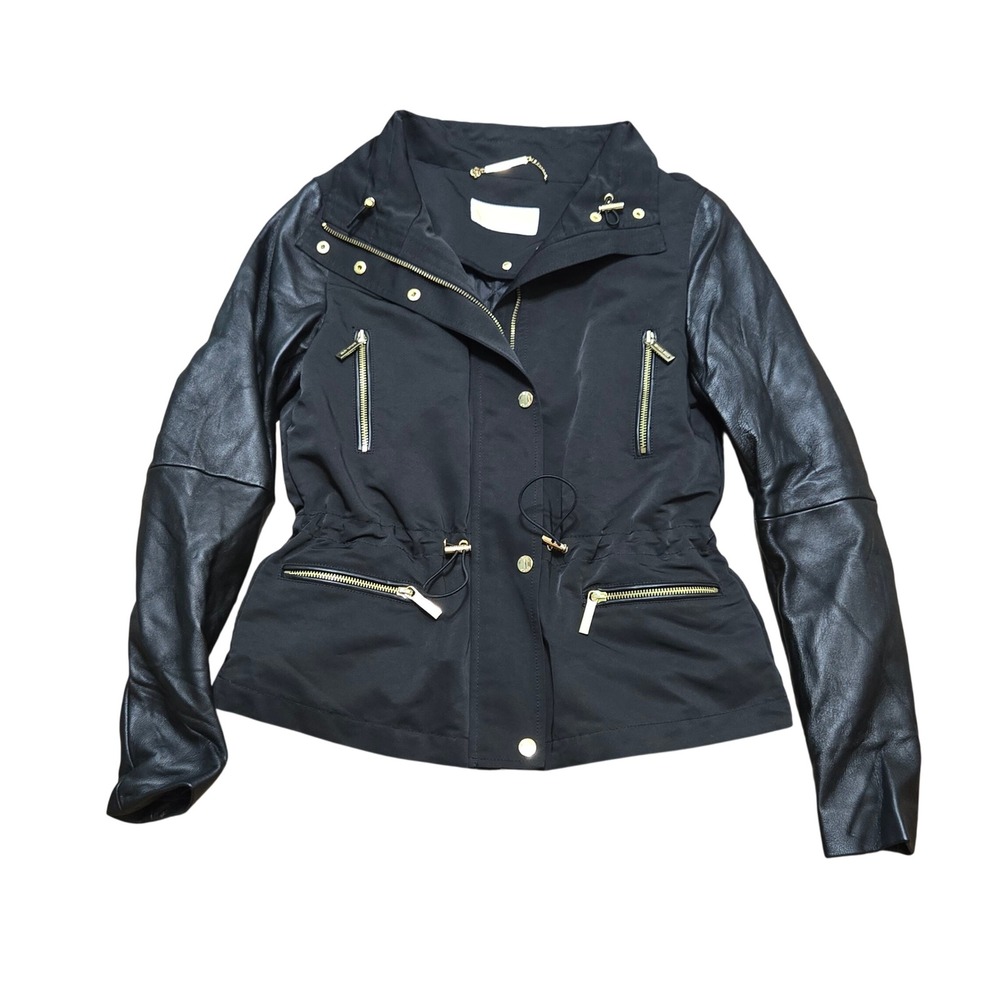 Michael Kors MK Black Mixed Media Jacket Faux Leather Sleeves Gold Hardware XS